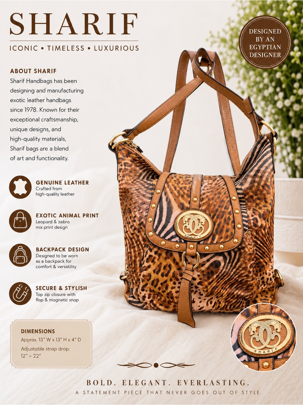 Sharif Exotic Leopard & Zebra Leather Convertible Backpack/Hobo Shoulder Bag